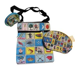 NWT Lotería Print Mini Bag Set Bundle of 3 Bags Canvas Crossbody + 2 Pouches